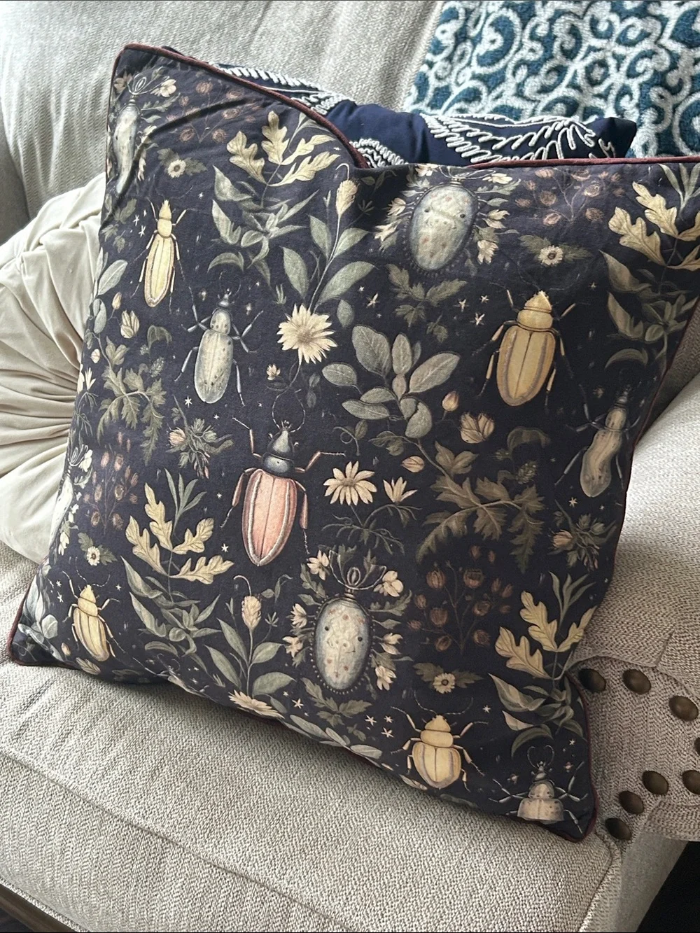 NEW! Shabby Chic Gothic Dark Floral Toile & Beetle Insect Accent Throw Pillow